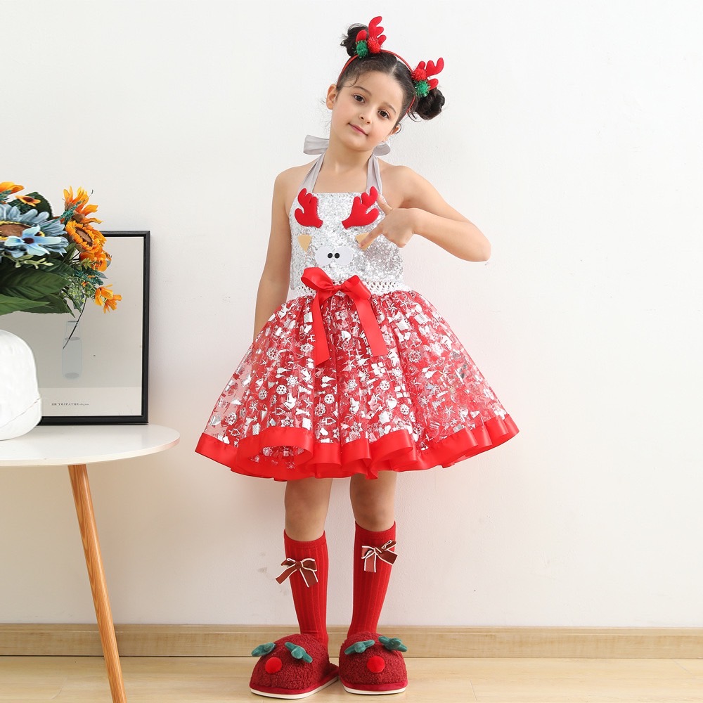 พร้อมส่ง ชุดเดรส คริสต์มาส กวางเรนเดียร์ กระโปรงแดง พร้อมที่คาดหัว