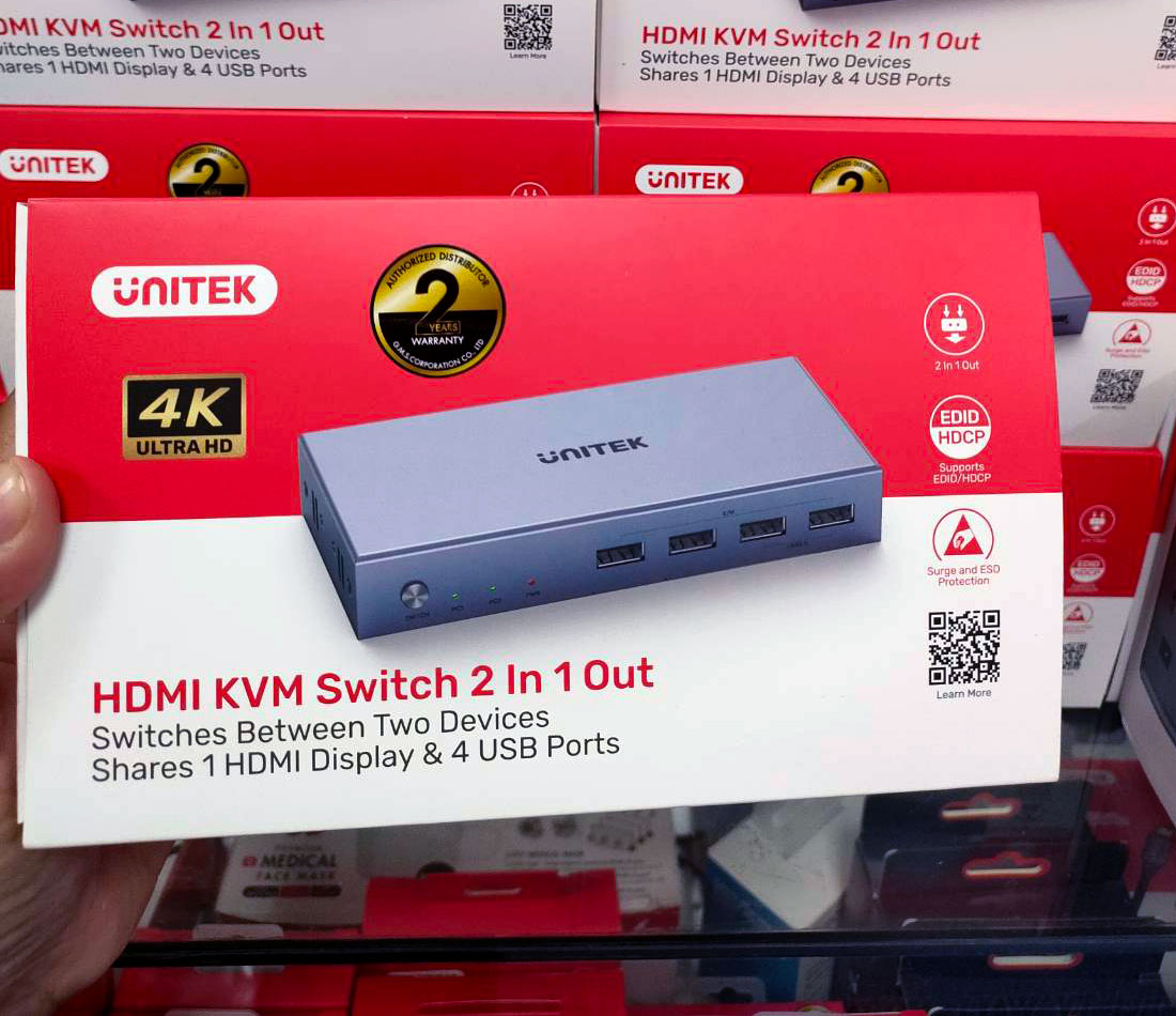 KVM HDMI Switch 2 In 1 Out และ 4 USB รองรับ HDMI2.0 4K 60Hz EDID และคีย์ลัด by Unitek