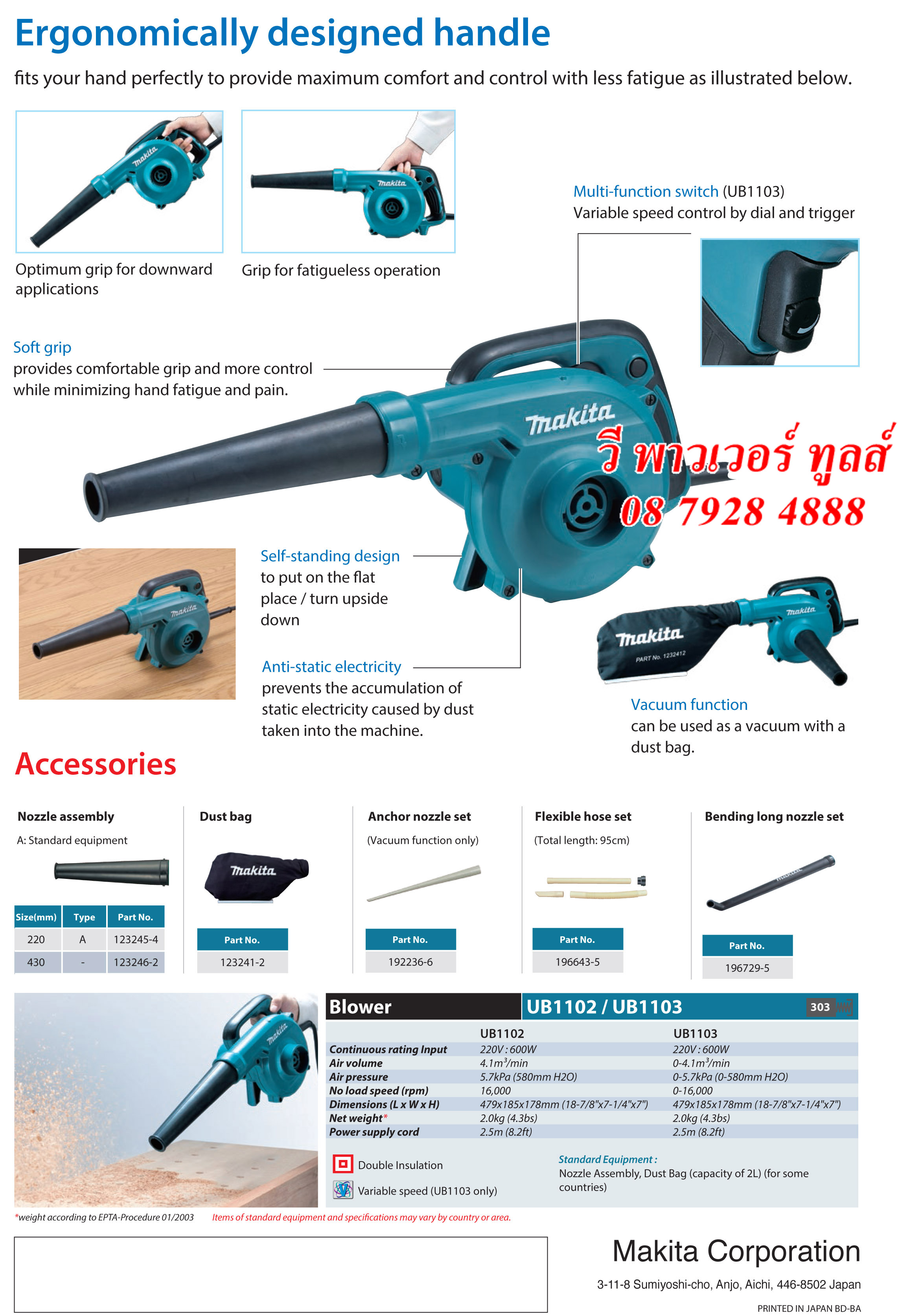 Makita เครื่องเป่าลม 600วัตต์ พร้อมถุงเก็บฝุ่น รุ่น UB1102