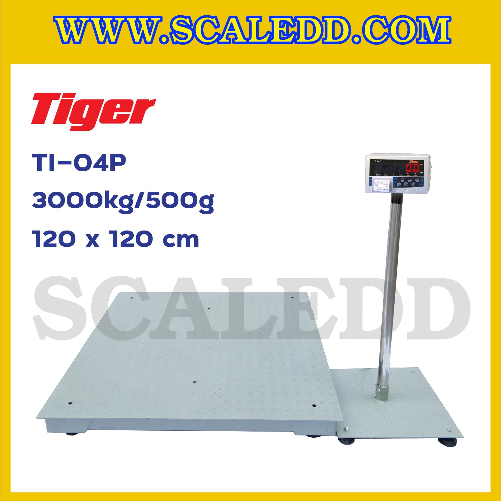 เครื่องชั่งพร้อมปริ้นเตอร์ในตัว พิกัด 3000kg รุ่น TI-04P ขนาดแท่น 120x120cm. เครื่องชั่งน้ำหนัก3000kg เครื่องชั่งดิจิตอล3000kg ตาชั่ง3000kg ตาชั่งดิจิตอล3000kg พิกัดน้ำหนัก 3000kg ค่าละเอียด 500g เครื่องชั่งยี่ห้อ TIGER รุ่น TI-04P