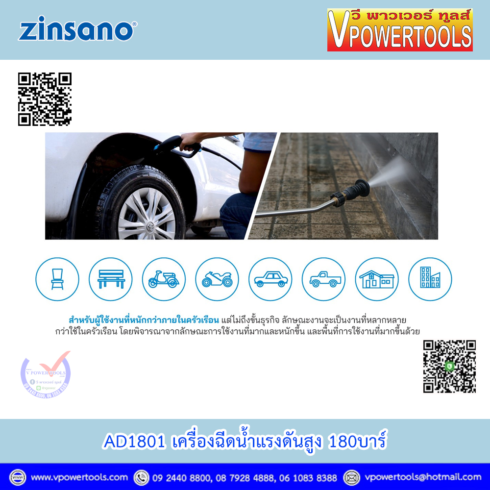Zinsano AD1801 เครื่องฉีดน้ำแรงดันสูง 180บาร์ (ใช้ AD1802 แทน)