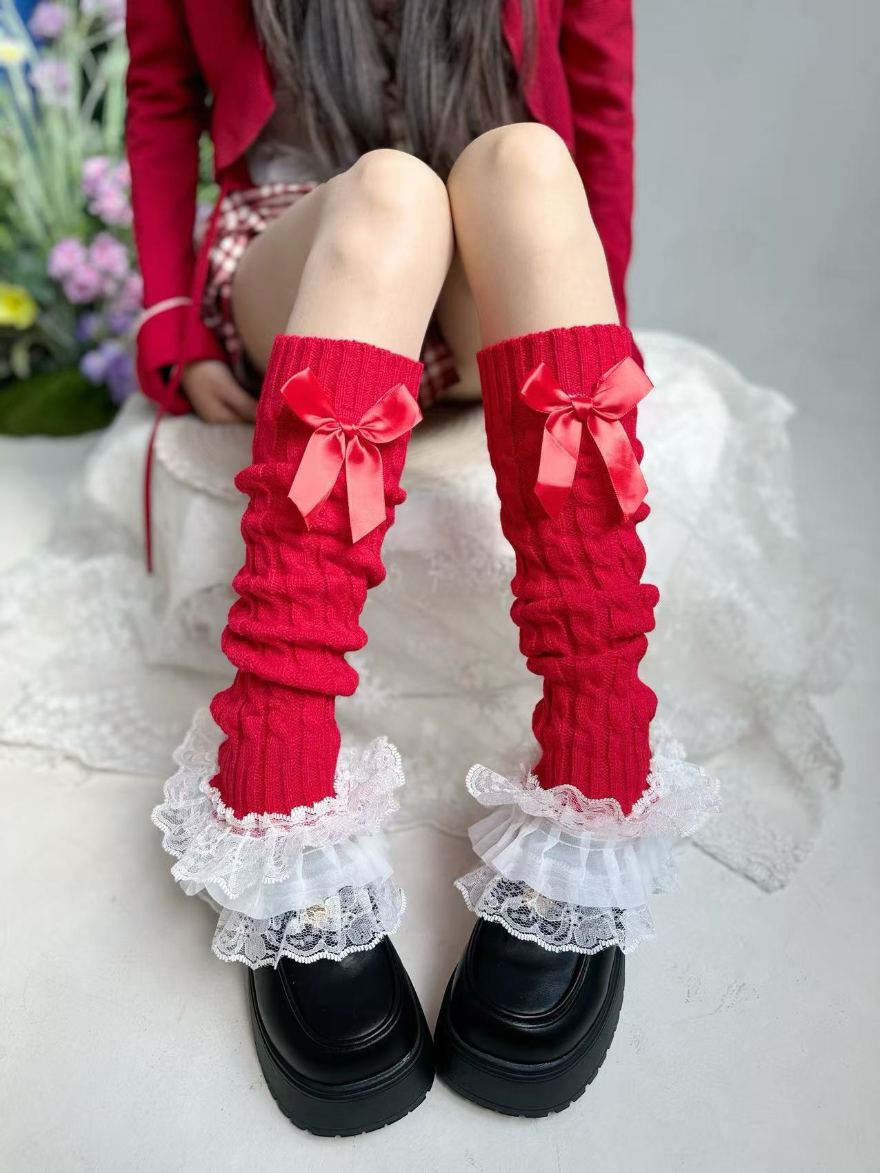 พร้อมส่ง ถุงเท้ายาว ปลอกขา โลลิต้า ระบายลูกไม้ ติดริบบิ้น