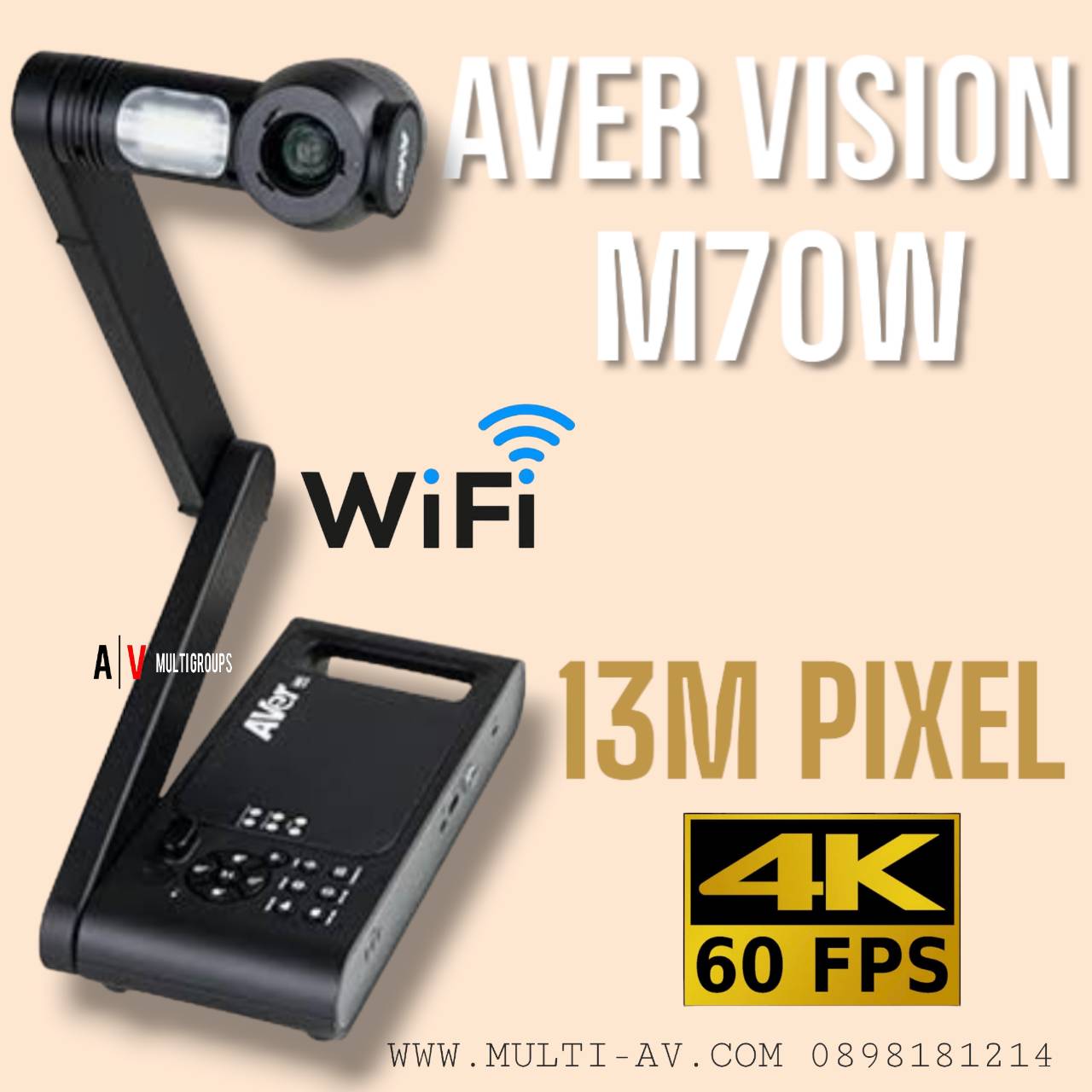 AVerVision M70W Visualizer ความละเอียด4K มีWifi + HDMI เครื่องฉายภาพวัตถุ 3 มิติ กล้อง13 ล้าน น้ำหนัก 2.6kg.