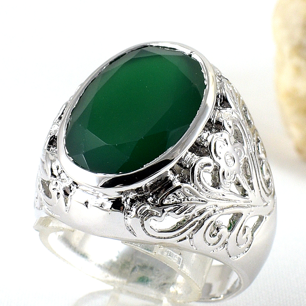 แหวนเงินแท้ราคาถูกชุบทองคำขาว พลอยแท้กรีนอะเกท 13.25 กะรัต งานประณีตสวยงาม สั่งผลิตค่ะ