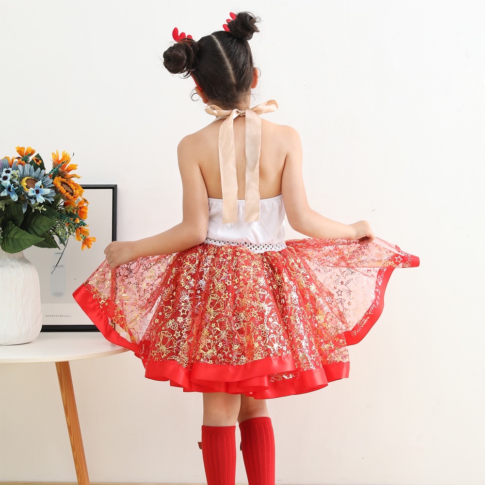 พร้อมส่ง ชุดเดรส คริสต์มาส กวางเรนเดียร์ กระโปรงแดง พร้อมที่คาดหัว