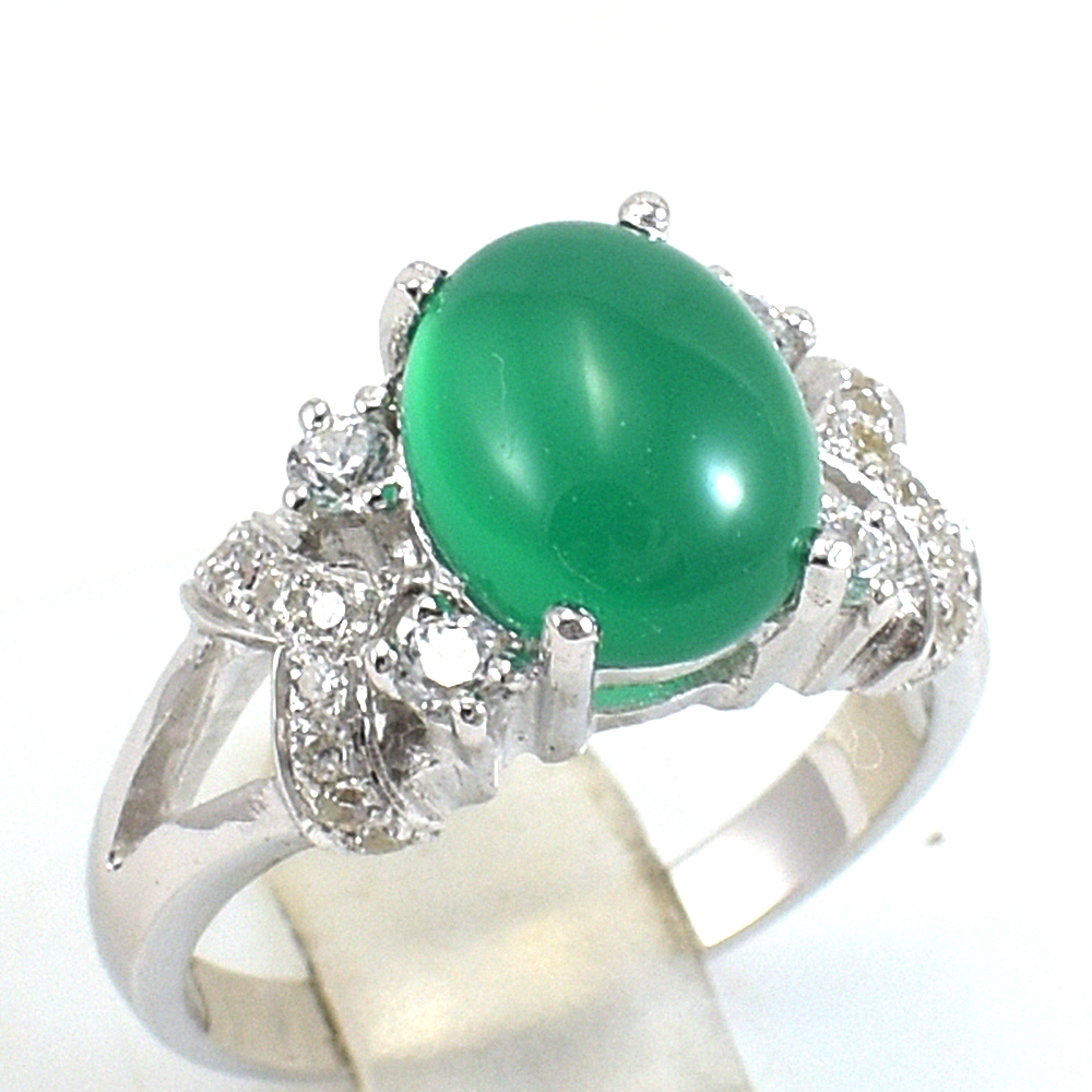 แหวนเงินแท้ราคาถูกชุบทองคำขาว พลอยแท้กรีนอะเกท 2.25 กะรัต เพชรCZ 0.286 กะรัต งานประณีตสวยงาม สั่งผลิตค่ะ