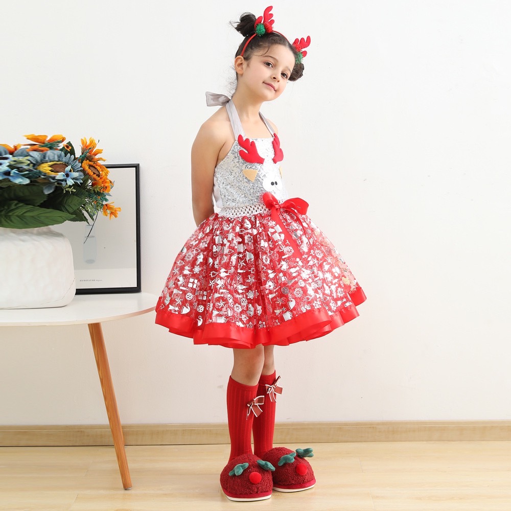 พร้อมส่ง ชุดเดรส คริสต์มาส กวางเรนเดียร์ กระโปรงแดง พร้อมที่คาดหัว