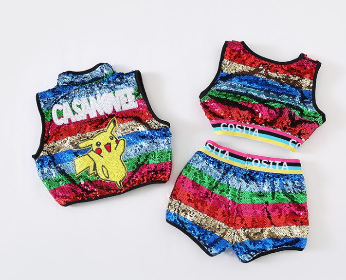 ชุดเต้น ชุดการแสดง เซ็ตแขนกุด ปักเลื่อม ลายตุ๊กตา สีรุ้ง