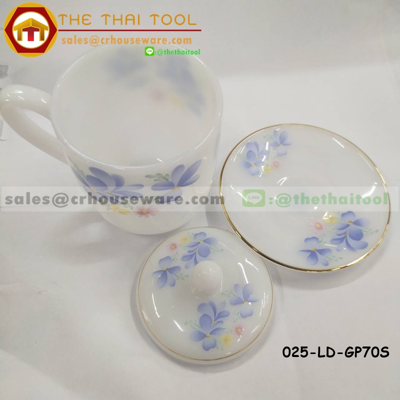 ชุดน้ำชาเนื้อมุก 3 ชิ้น ลายแกรนด์ฟิกซ์ขอบทอง มีฝาปิดและจานรอง