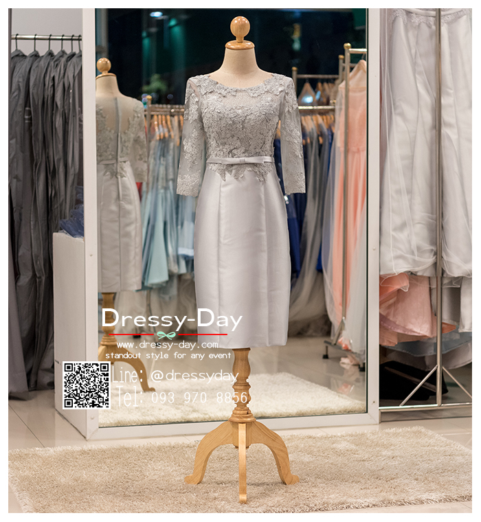 รหัส ชุดเจ้าภาพ : PFS047A ชุดแซกมีแขน ชุดราตรีสั้นหรูสีเทา สวย สง่า ชุดราตรีสั้นมีแขน