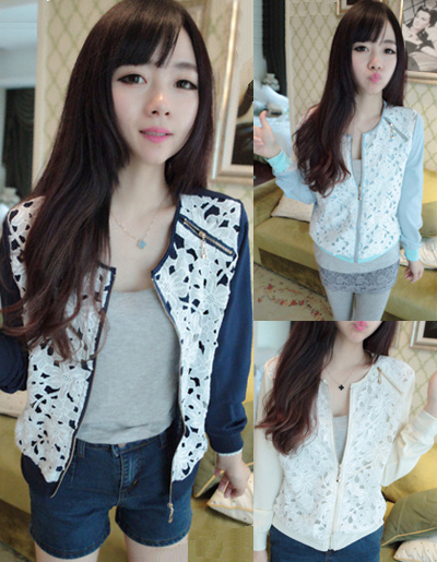 เสื้อแจ๊คเก็ตแขนยาว แถบลายลูกไม้สวยเก๋มี 3 สี
