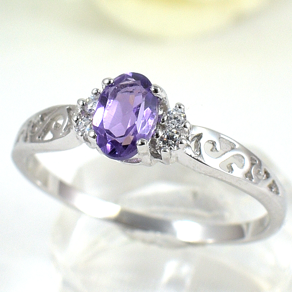 แหวนเงินแท้ราคาถูกชุบทองคำขาว แอมิทิสต์แท้ 0.45 กะรัต เพชรCZ 0.06 กะรัต งานประณีตสวยงาม สั่งผลิตค่ะ