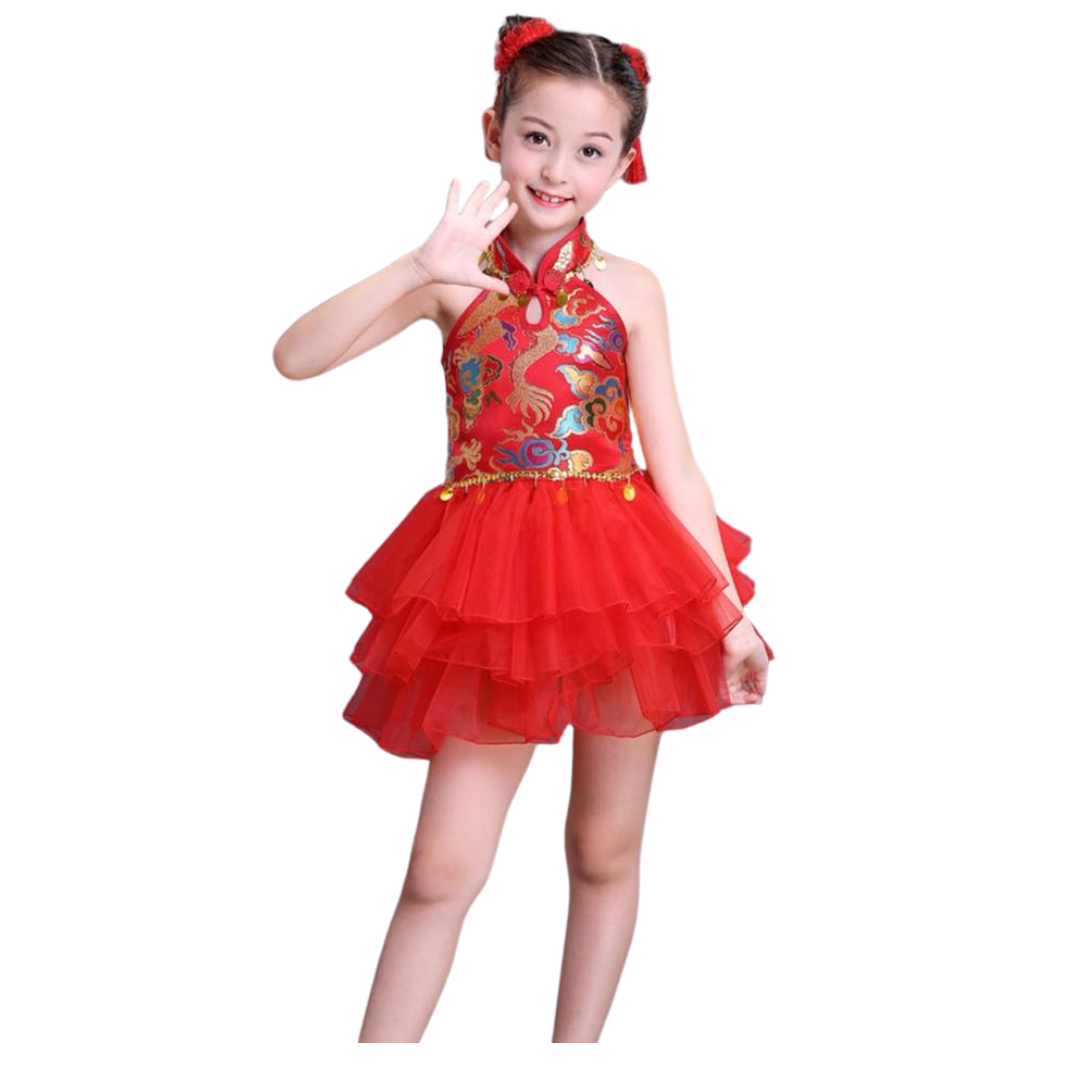 ชุดจีน กี่เพ้า เดรสกระดุมหน้า เปิดไหล่ สีแดง