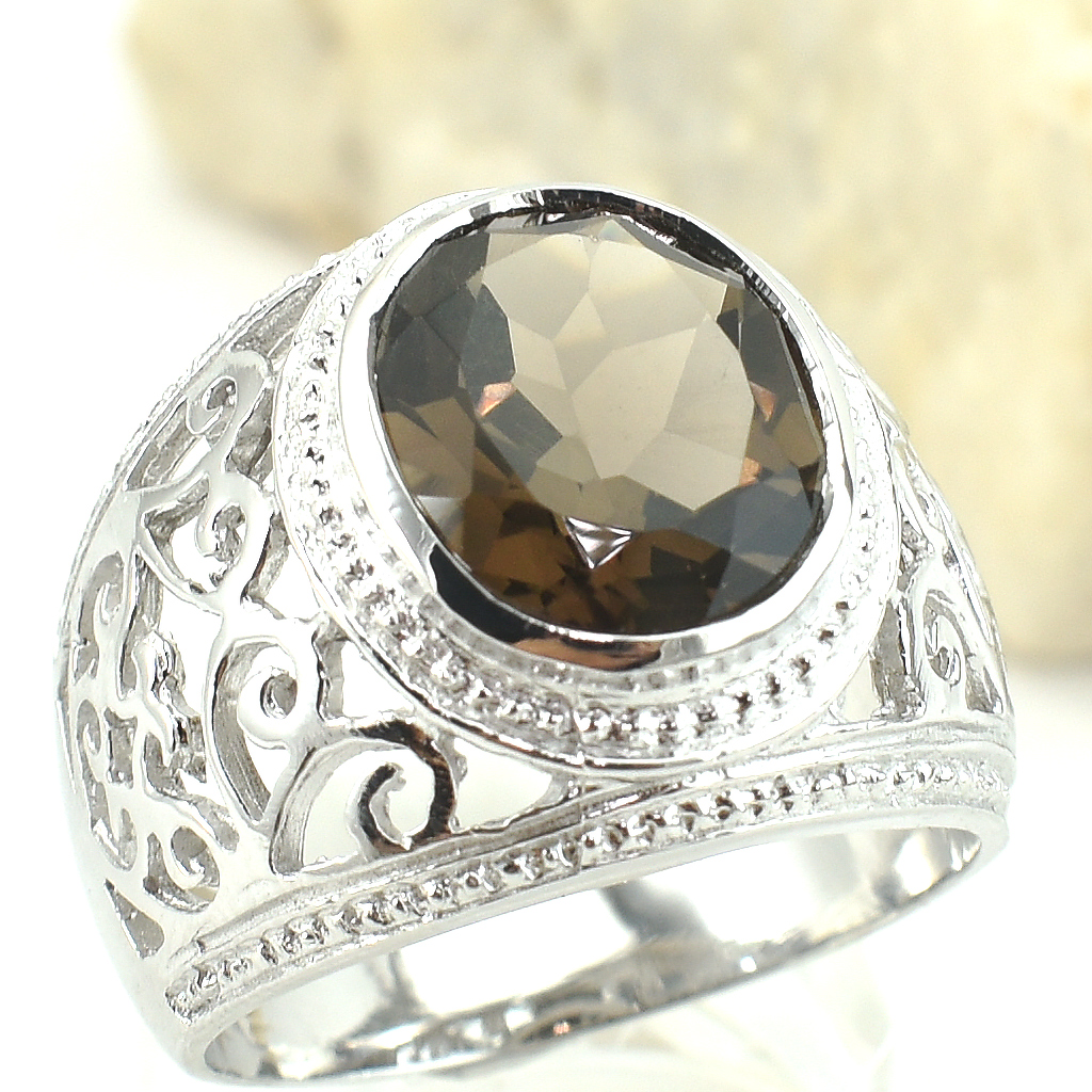 แหวนเงินแท้ราคาถูกชุบทองคำขาว พลอยแท้สโมกกี้ควอทซ์ 4.35 กะรัต งานประณีตสวยงาม สั่งผลิตค่ะ