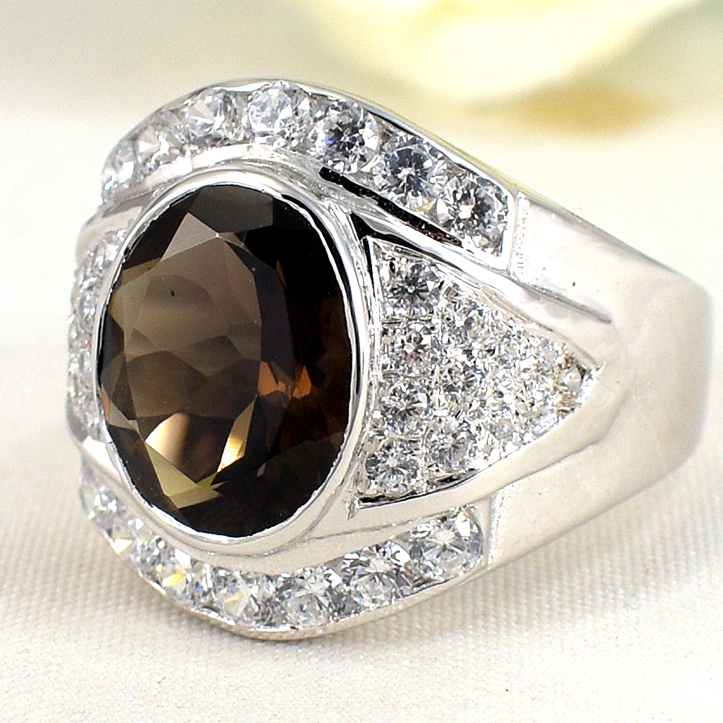 แหวนเงินแท้ราคาถูกชุบทองคำขาว พลอยแท้สโมกกี้ควอทซ์ 4.80 กะรัต เพชรCZ 1.38 กะรัต งานประณีตสวยงาม สั่งผลิตค่ะ