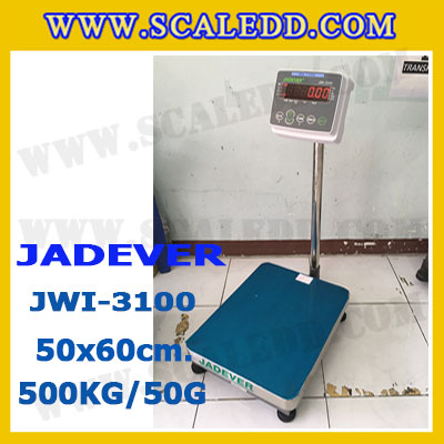 เครื่องชั่งดิจิตอลตั้งพื้น 500kg ยี่ห้อ JADEVER รุ่น JWI-3100 II ขนาดแท่น 50x60cm. เครื่องชั่งน้ำหนัก500กิโล เครื่องชั่งดิจิตอลชั่งน้ำหนัก500kg ตาชั่ง500kg ตาชั่งดิจิตอล500kg เครื่องชั่งดิจิตอล500kg พิกัดน้ำหนัก 500kg ค่าละเอียด 50g