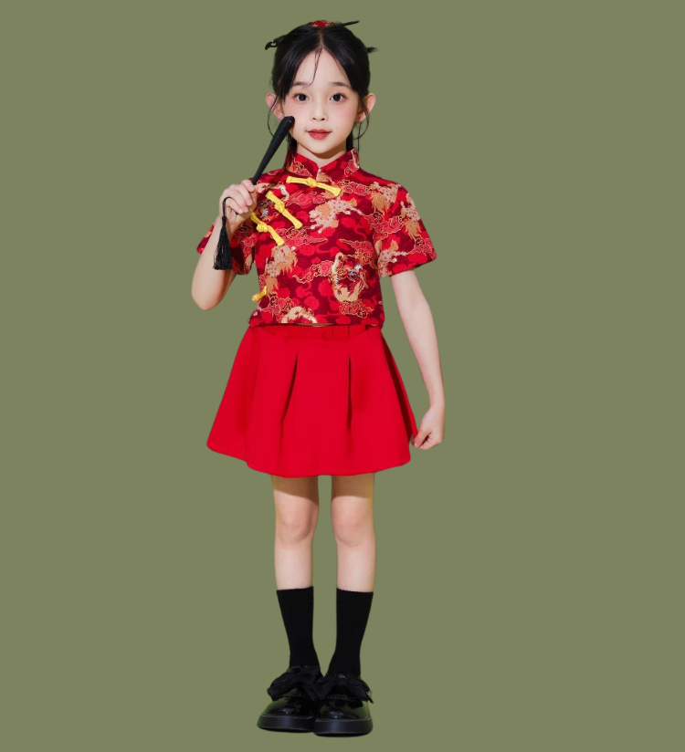 พร้อมส่ง ชุดตรุษจีน กี่เพ้า เซ็ตเด็ก เสื้อแขนสั้นสีแดงลายมังกร+กระโปรง กางเกงทอง
