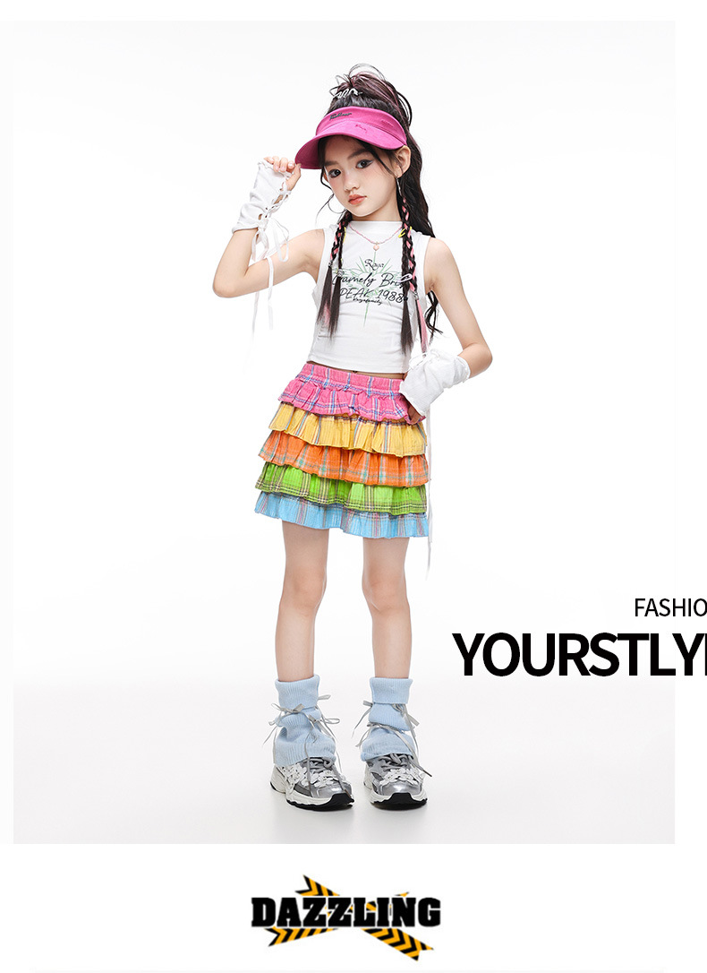 สินค้าพร้อมส่ง ***ชุดเต้น แขนกุดสีขาว+ปลอกแชย+กระโปรงระบายชั้นสีรุ้ง