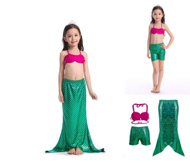 ชุดว่ายน้ำ นางนางเงือก เซ็ต 3 ชิ้น รุ่นเสื้อผูกอก สีชมพู-ฟ้า