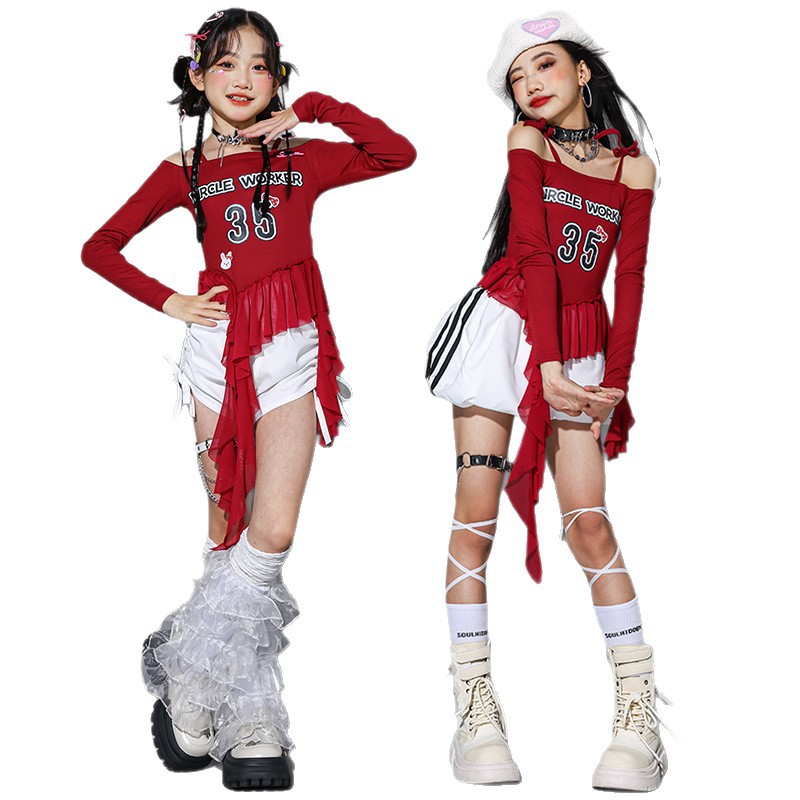 Friendly4kid ชุดเต้น เด็กผู้หญิง เสื้อแดง/ขาว+กระโปรง กางเกง*เปิดจอง