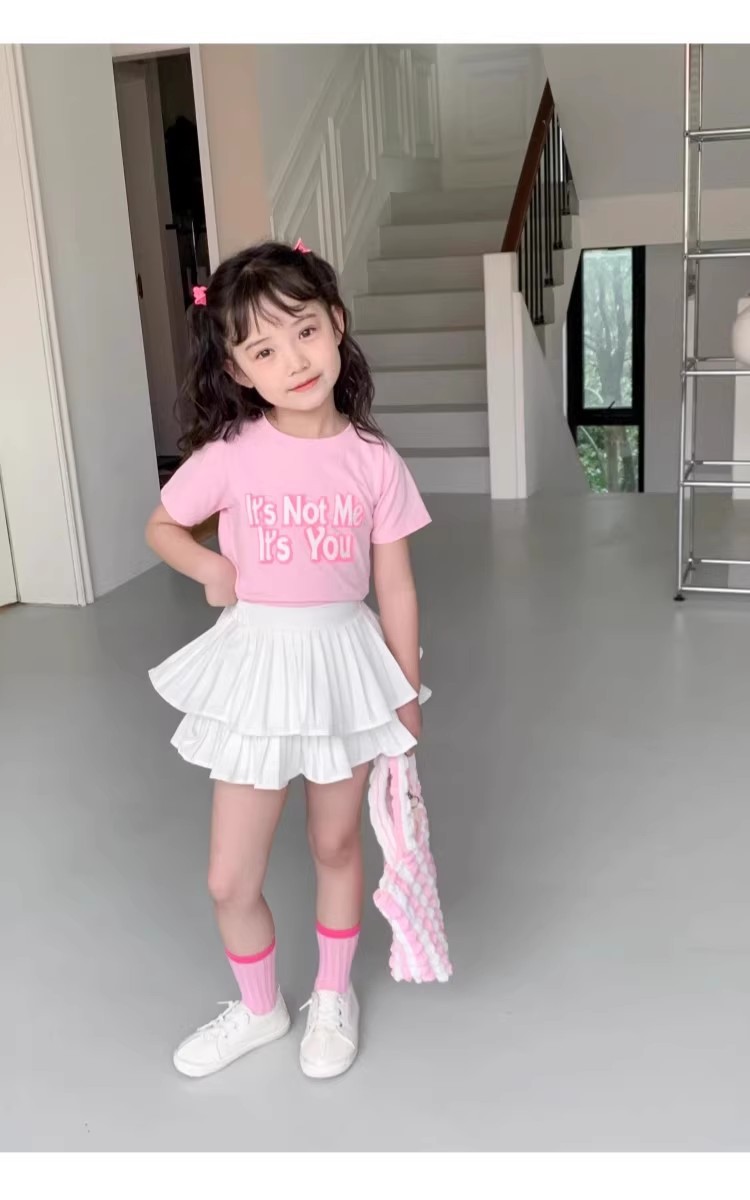 พร้อมส่ง กระโปรงเด็กผู้หญิง อัดพลีท ระบาย2ชั้น สีแดงสด