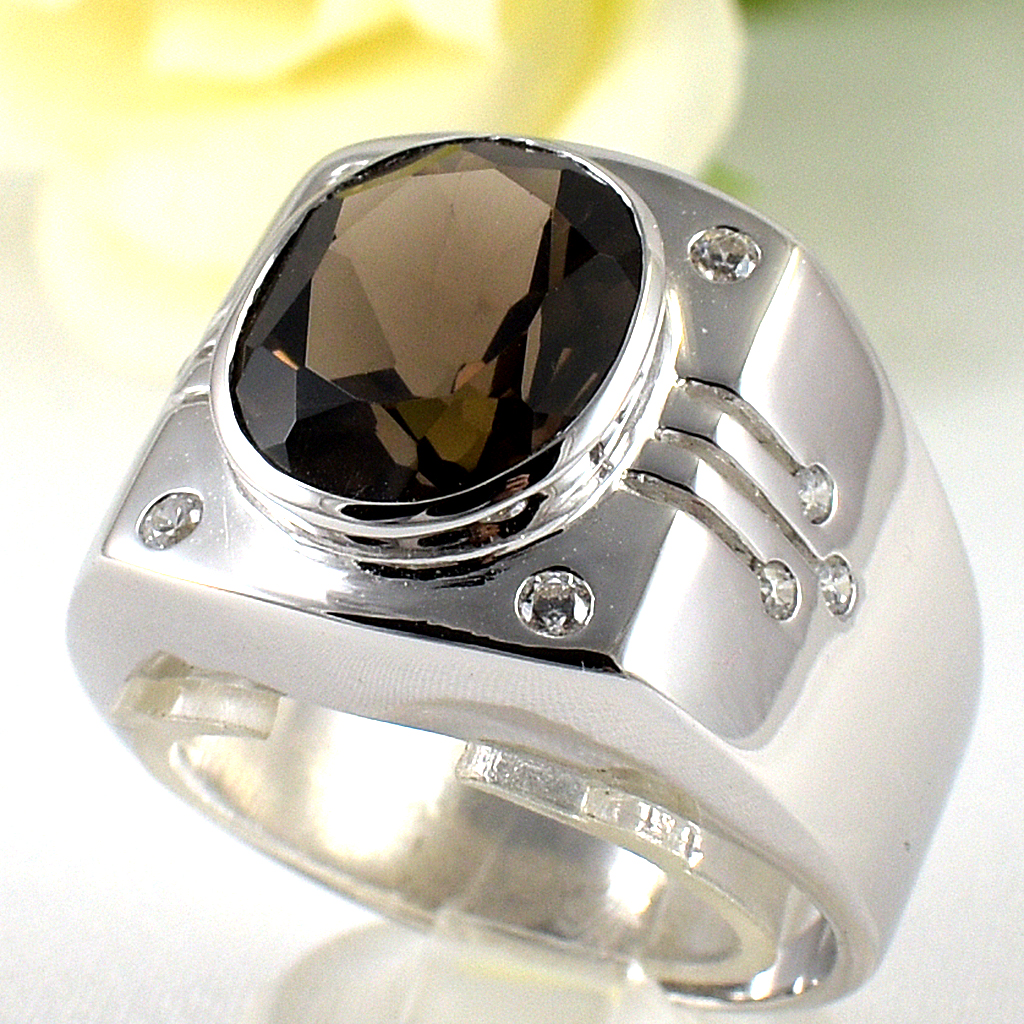 แหวนเงินแท้ราคาถูกชุบทองคำขาว พลอยแท้สโมกกี้ควอทซ์ 4.80 กะรัต เพชรCZ 0.19 กะรัต งานประณีตสวยงาม สั่งผลิตค่ะ
