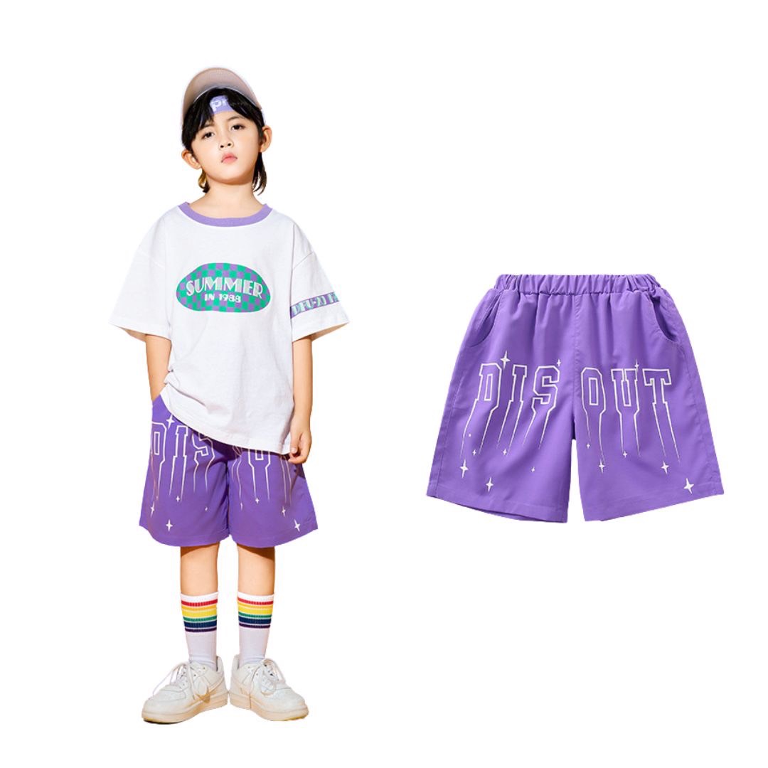 ชุดเต้น ชุดแดนซ์ เซ็ตเสื้อสีม่วง/ขาว+กางเกงขาสั้น/กระโปรง