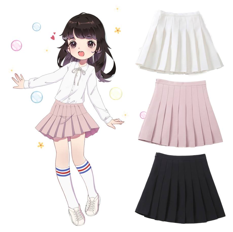 F กระโปรงเ ด็กอัดพลีท ทรงสั้น มีซับในกางเกง ลายพื้น เกรดคุณภาพ