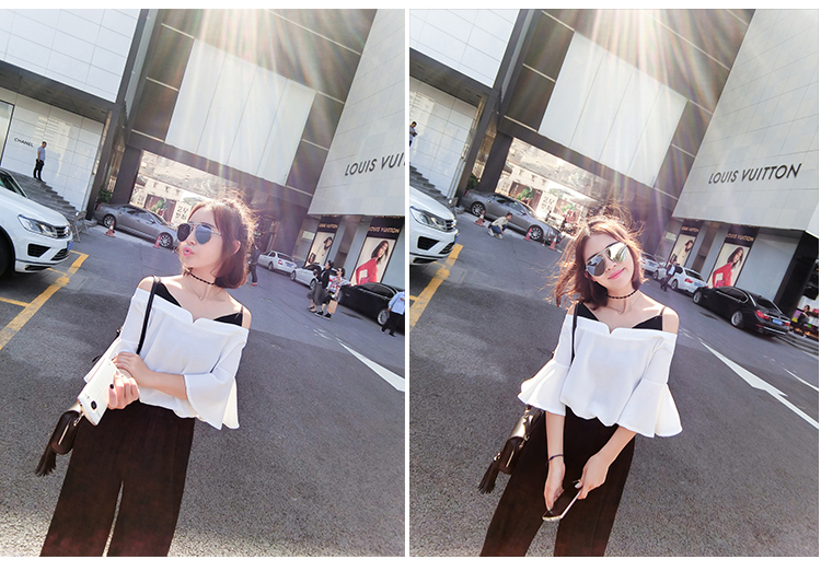 เสื้อแฟชั่นสายเดี่ยว โชว์ไหล่ ใส่สบายๆ เนื้อผ้าชีฟองขนเป็ดพริ้วๆ ใส่หลวมๆ แขนระบาย(ตามแบบ)ปิดข้อศอก ใส่เที่ยวสวยเก๋ หรือออกงานไหนๆก็น่ารักสไตล์เกาหลี