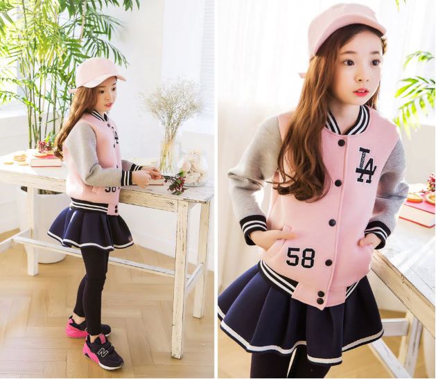 ชุดกันหนาว เซ็ตเสื้อแจ๊คเก็ต สีชมพู+เลกกิ้งกระโปรง