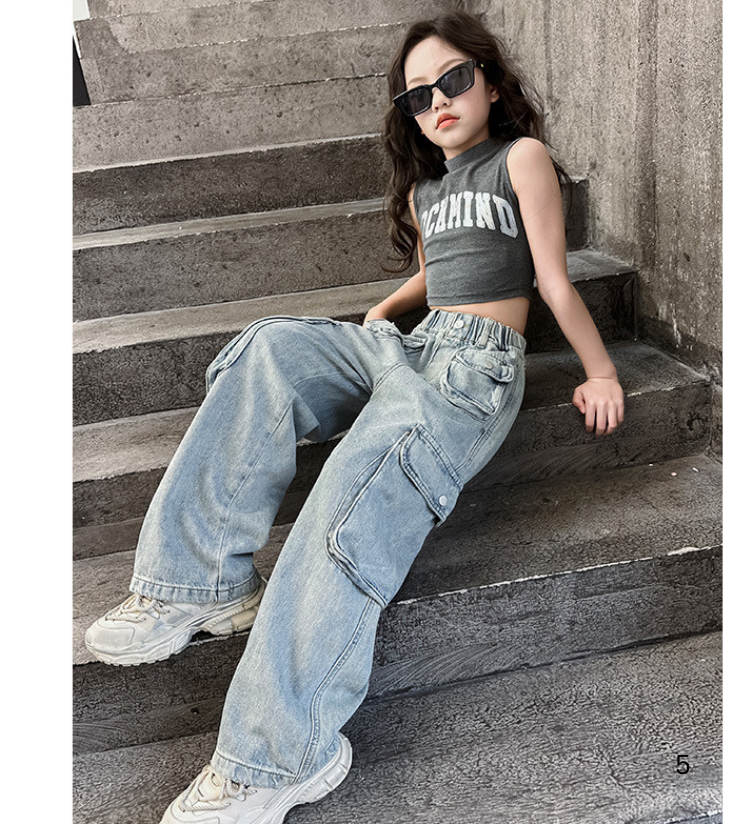 พร้อมส่ง กางเกงยีนส์เด็กหญิง คาร์โกด้ ฟอกสี