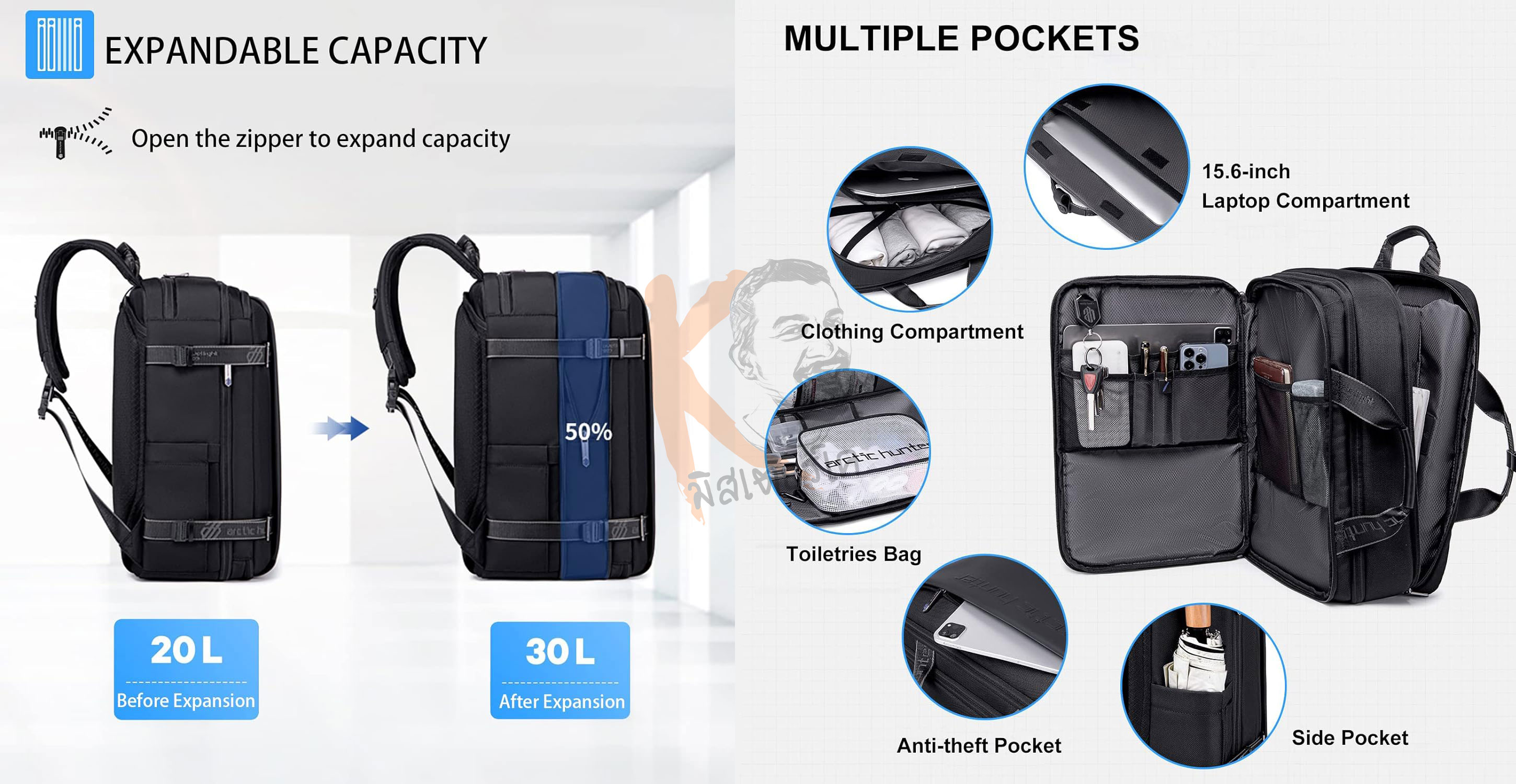 กระเป๋าเป้ Notebook สะพายหลัง & Travel Backpack รุ่น B00540 รองรับถึง 15.6" ขยายพื้นที่ได้ 20-30 ลิตร by Arctic Hunter