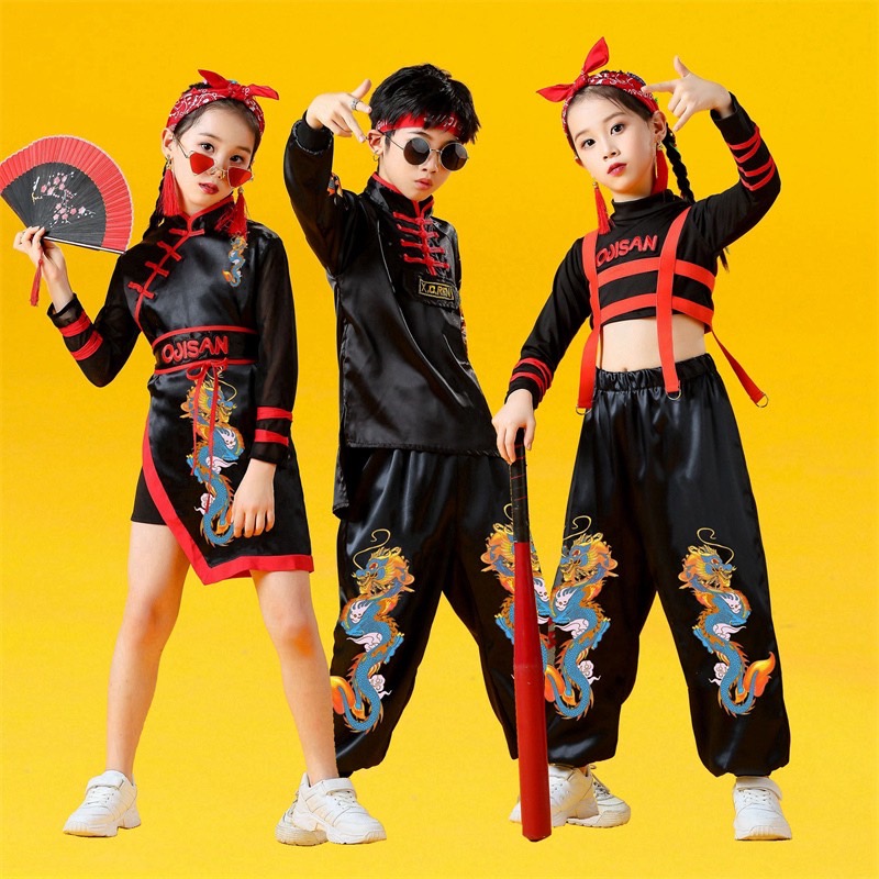ชุดตรุษจีน เสื้อกี่เพ้าแขนยาวสีดำ+กางเกงขายาวมังกร