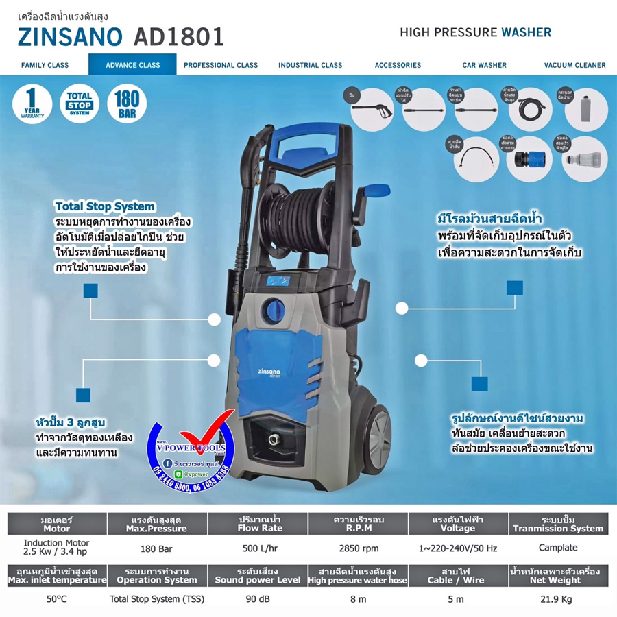 Zinsano AD1801 เครื่องฉีดน้ำแรงดันสูง 180บาร์