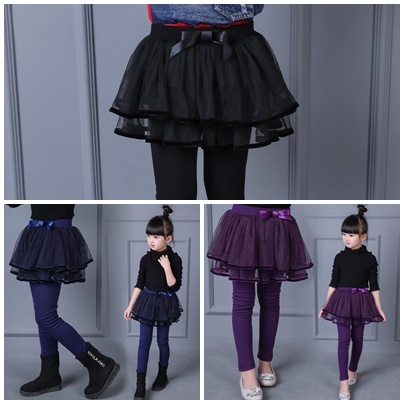 เลกกิ้งกระโปรงแต่งเอวโบว สีกรม-ม่วง