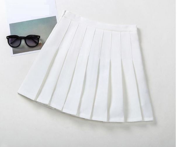 F กระโปรงเ ด็กอัดพลีท ทรงสั้น มีซับในกางเกง ลายพื้น เกรดคุณภาพ