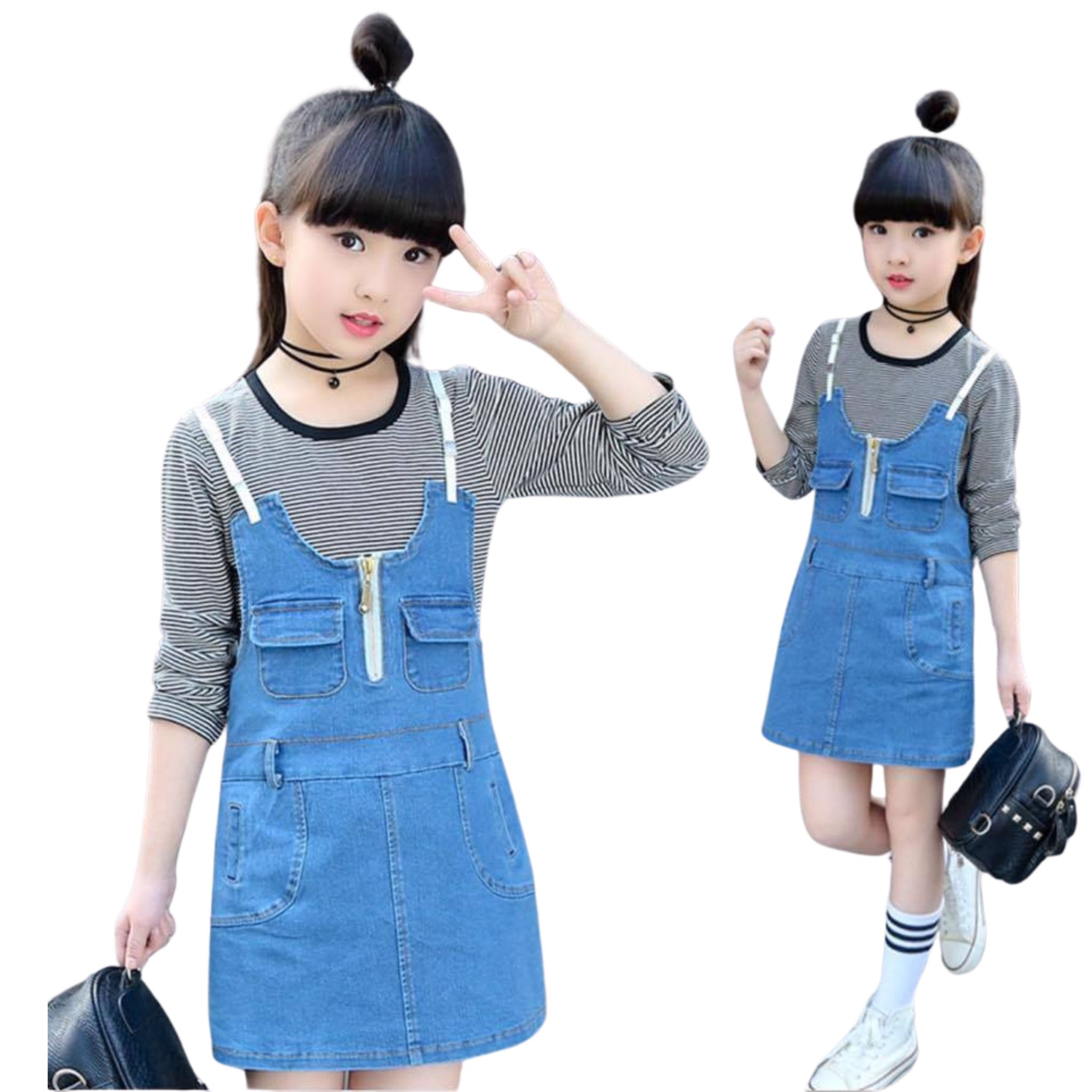 พร้อมส่ง ชุดเด็ก ชุดเซ็ต เดรสแขนยาว+เอี้ยมยีนส์ เอี๊ยมเด็ก