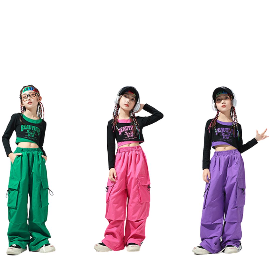 ***พร้อมส่ง**ชุดเต้น เสื้อแขนยาว+กางเกงคาร์โก้ สไตล์แบลคพิงค์