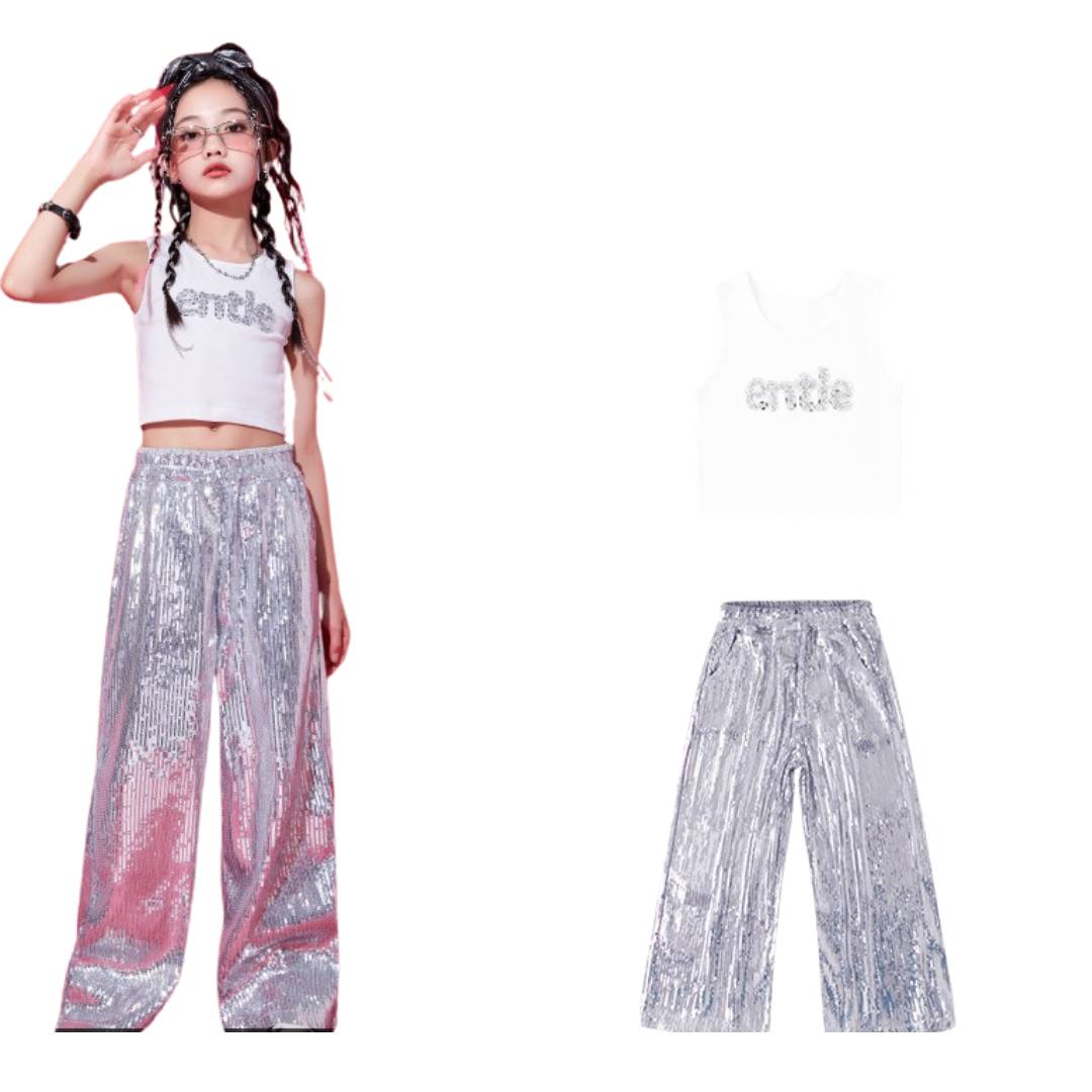 พร้อมส่ง ชุดเต้น ชุดแดนซ์ เสื้อแขนกุด+กางเกงขายาวปักเลื่อม