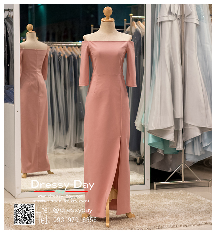 รหัส ชุดราตรียาวคนอ้วน : PK006 ชุดแซก ชุดราตรียาวมีแขน หรู สีชมพู ไหล่ปาด เรียบหรู เหมาะสำหรับงานแต่งงาน งานกลางคืน กาล่าดินเนอร์
