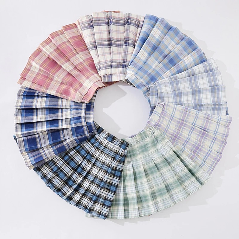 กระโปรงเด็ก อัดพีช สั้น สก็อตสีพาสเทล