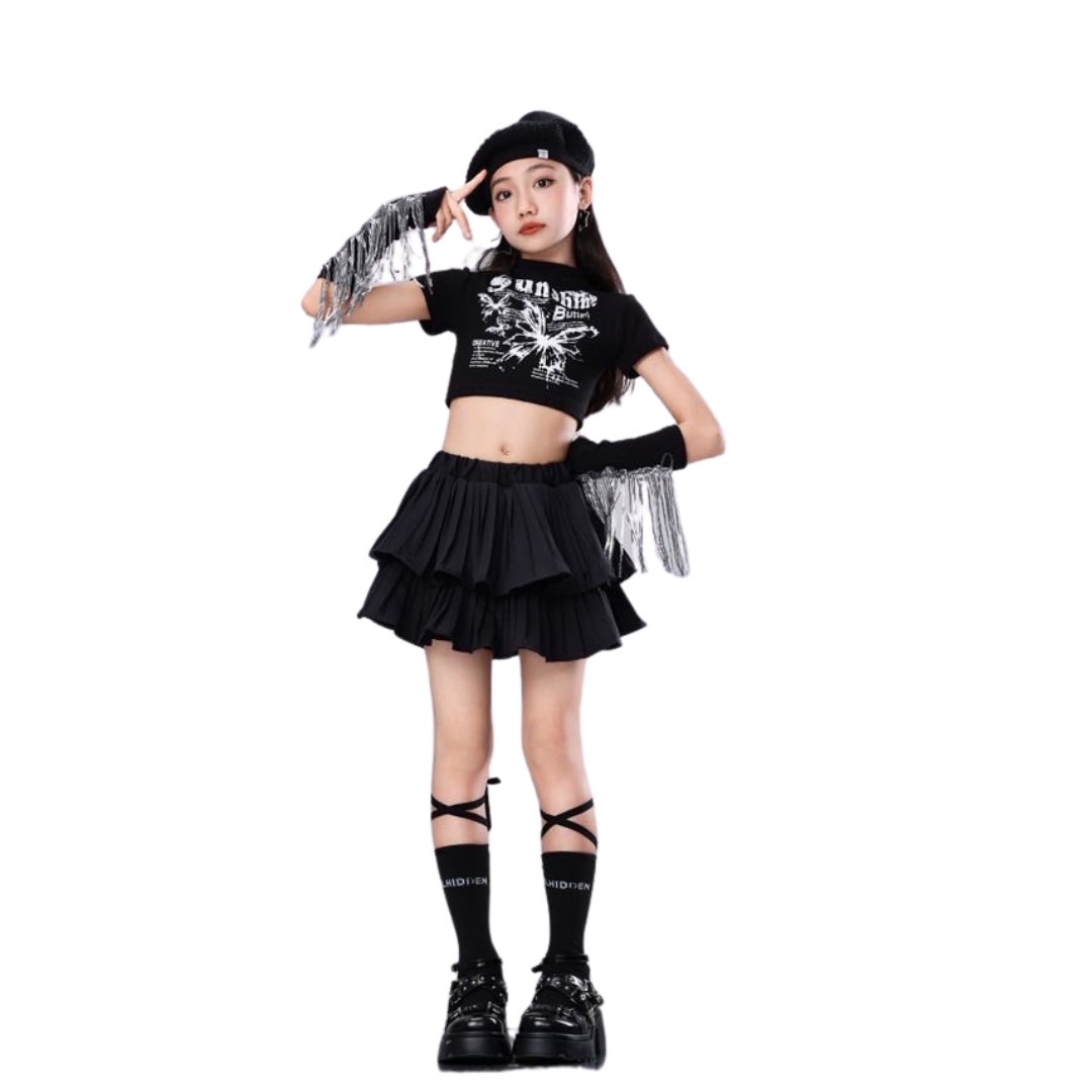 พร้อมส่ง ***ชุดเต้น เสื้อครอป แขนสั้น+กระโปรง พร้อมปลอกแขน ลายเสือ ลายผีเสื้อ ลายสก๊อต