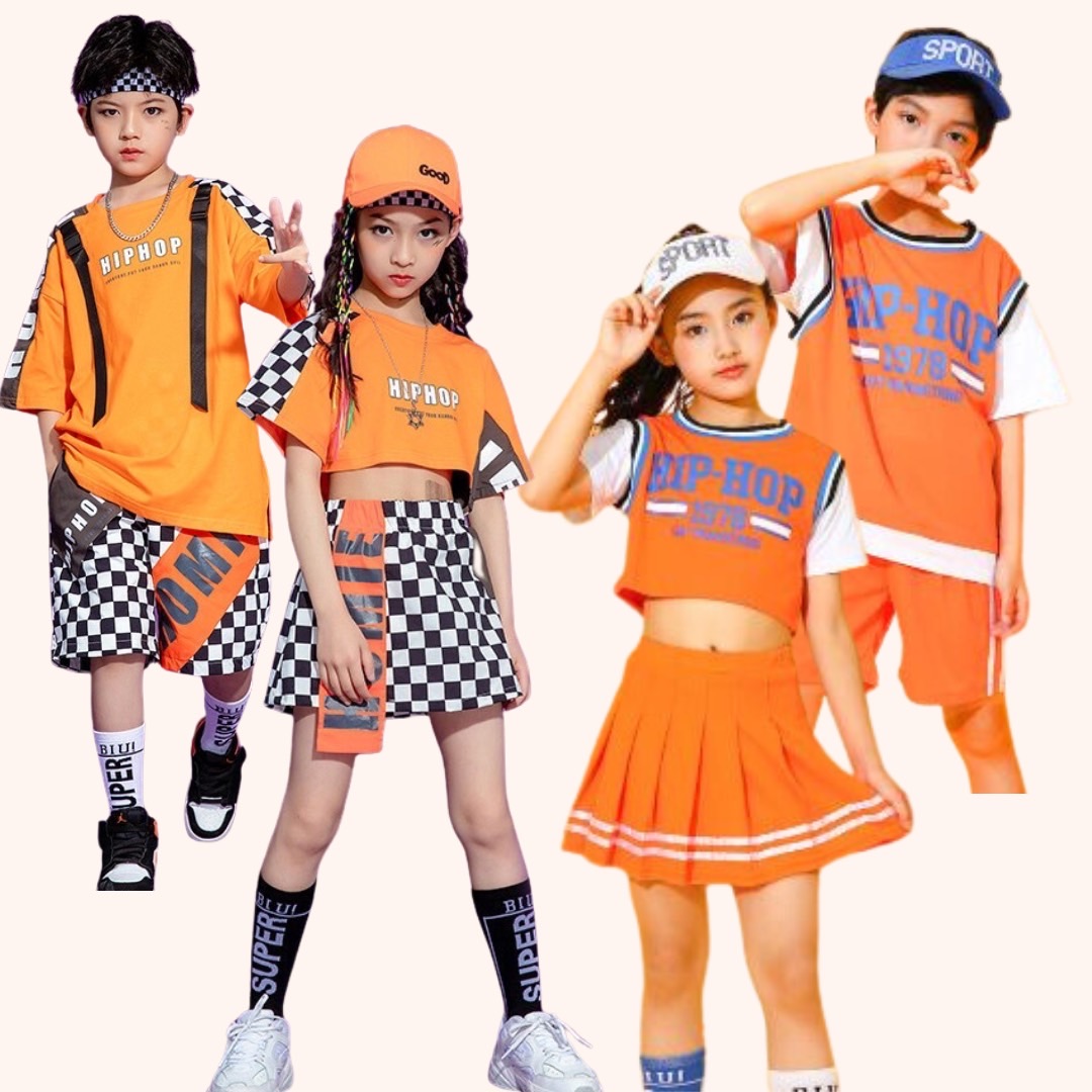 พร้อมส่ง ชุดเต้น ชุดเชียร์เด็ก เซ็ตสีส้ม ลายสก๊อต สีส้ม ชุดกีฬา สปอร์ต