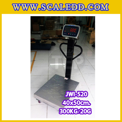 เครื่องชั่งน้ำหนักดิจิตอลพร้อมล้อ300กิโลกรัม เครื่องชั่งตั้งพื้น300กิโล เครื่องชั่งพร้อมล้อ300kg ตาชั่งตั้งพื้น300กิโล ความละเอียด20g ยี่ห้อ JADEVER รุ่นJWI-520 ขนาดแท่น40x50cm พร้อมที่เข็นและล้อ URETHANE