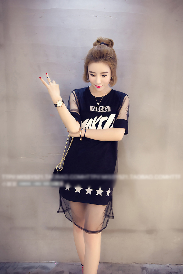 เสื้อยึดกึ่งเดรส แฟชั่น แต่งผ้าตาข่ายคลุมทั้งชุด-1402-สีดำ