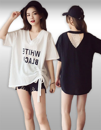 เสื้อแฟชั่นคอวีแต่งลายสวยเท่ห์สไตล์เกาหลี มี2สี รหัส2378