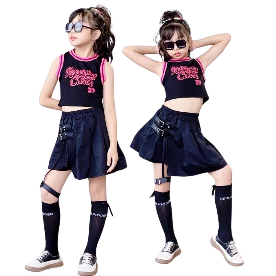 ชุดเต้น เสื้อแขนกุด+กางเกงคาร์โก้สีชมพู เอวผูก