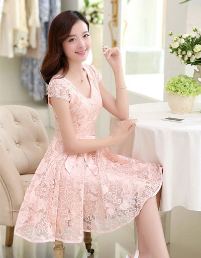 ชุดเดรสผ้าลูกไม้ใส่ออกงานสวยหรูจ้า รหัส 1250-สีชมพูโอลโรส