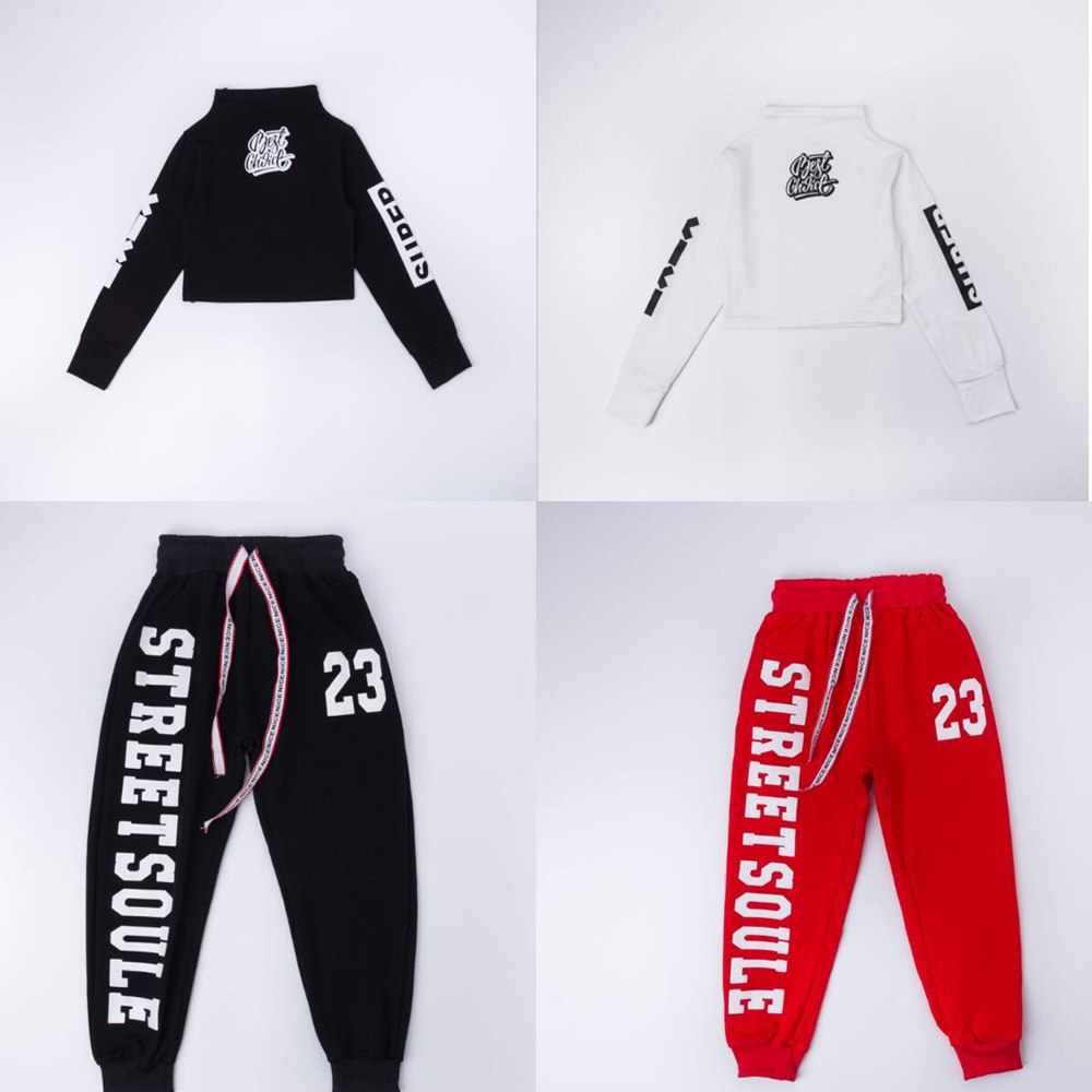 พร้อมส่ง ชุดเต้น ชุดฮิปฮอป สีขาวแขนยาวสีแดง+กางเกง