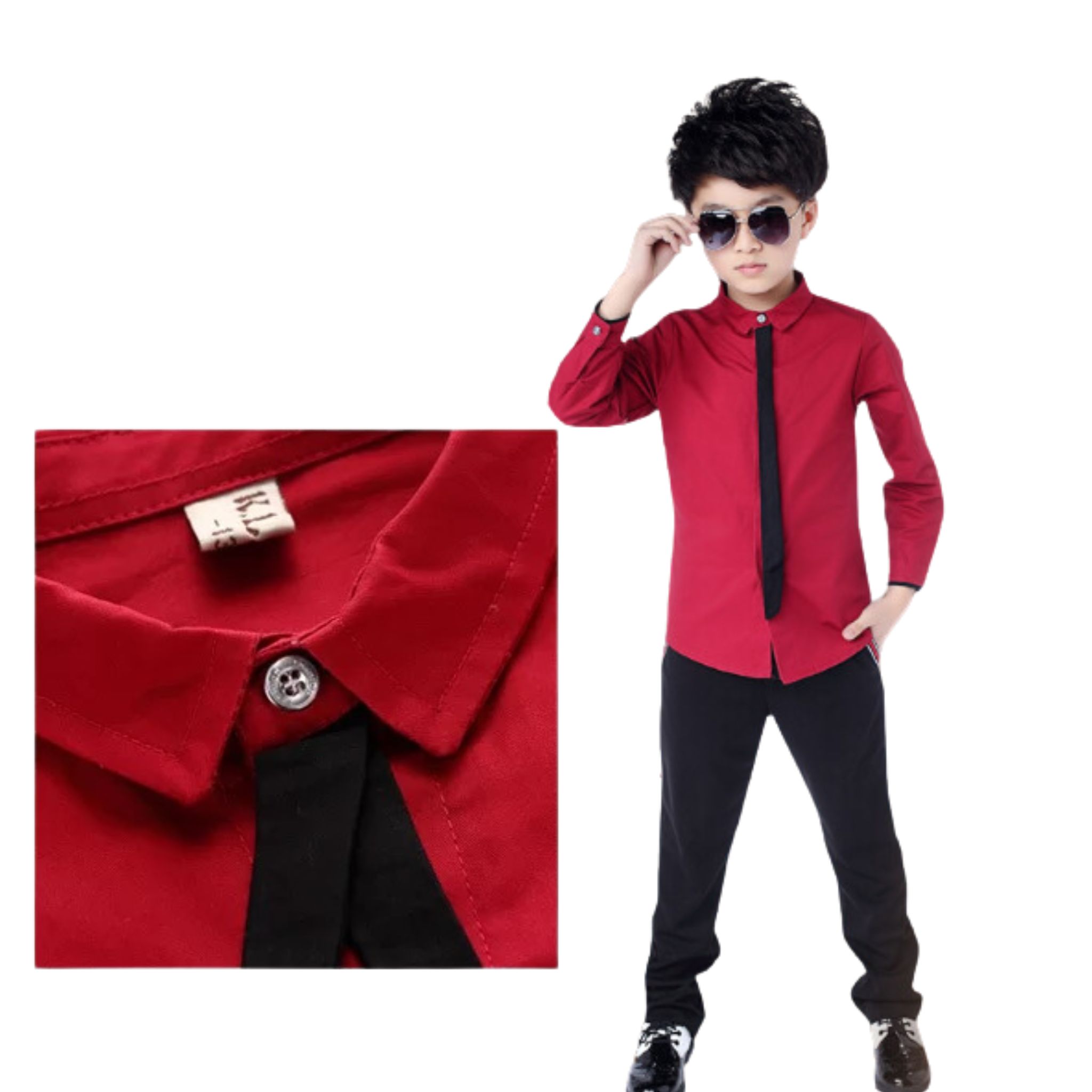 สินค้าพร้อมส่ง เสือแขนยาว เสื้อเชิ๊ต เด็ก สีพื้น พร้อมเนคไทด์